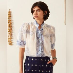 Alix of Bohemia Winnie Criss Cross Blouse Shirt Blue White Button Up Size Large